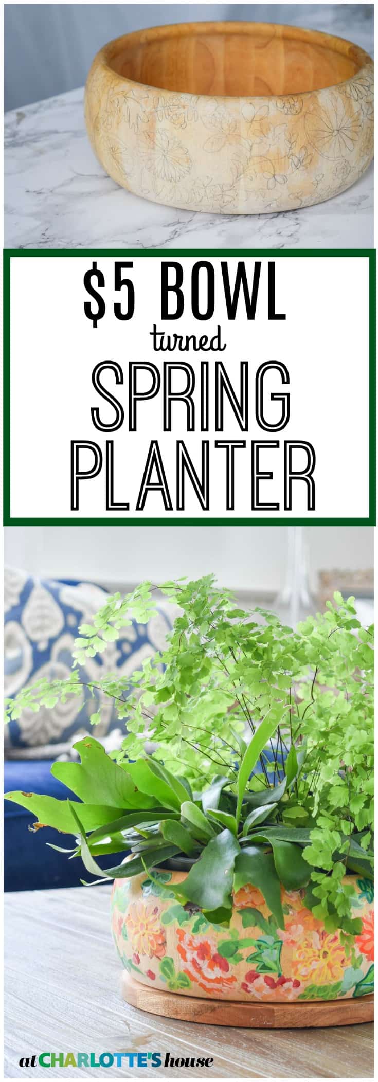 this painted spring planter started as a $5 wooden bowl from goodwill