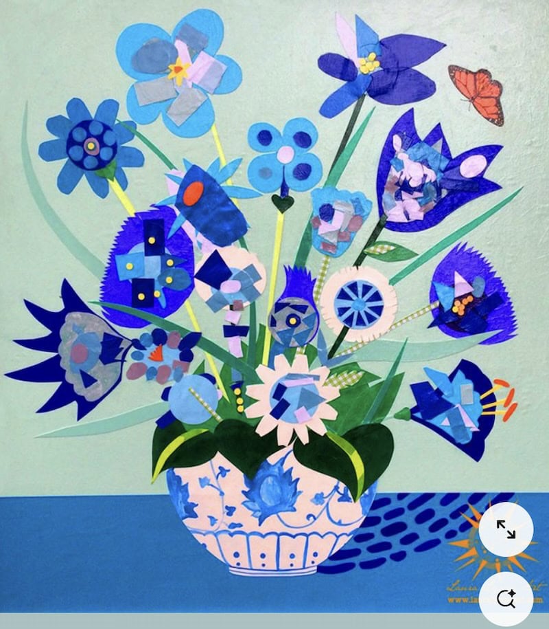 A vibrant painting of a vase holding a bouquet of abstract blue flowers on a teal table. Various shades of blue and geometric shapes create a lively, textured composition. A small orange butterfly flutters nearby.
