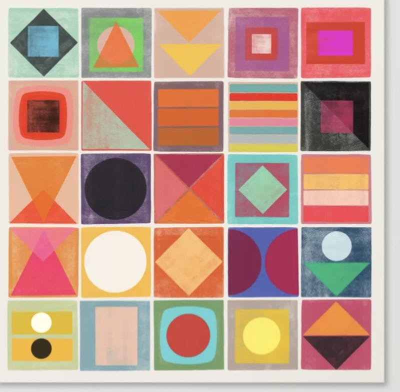 A grid of colorful abstract geometric shapes, including squares, circles, triangles, and stripes, each in a unique color combination. The artwork includes a variety of colors such as red, orange, pink, green, and blue.