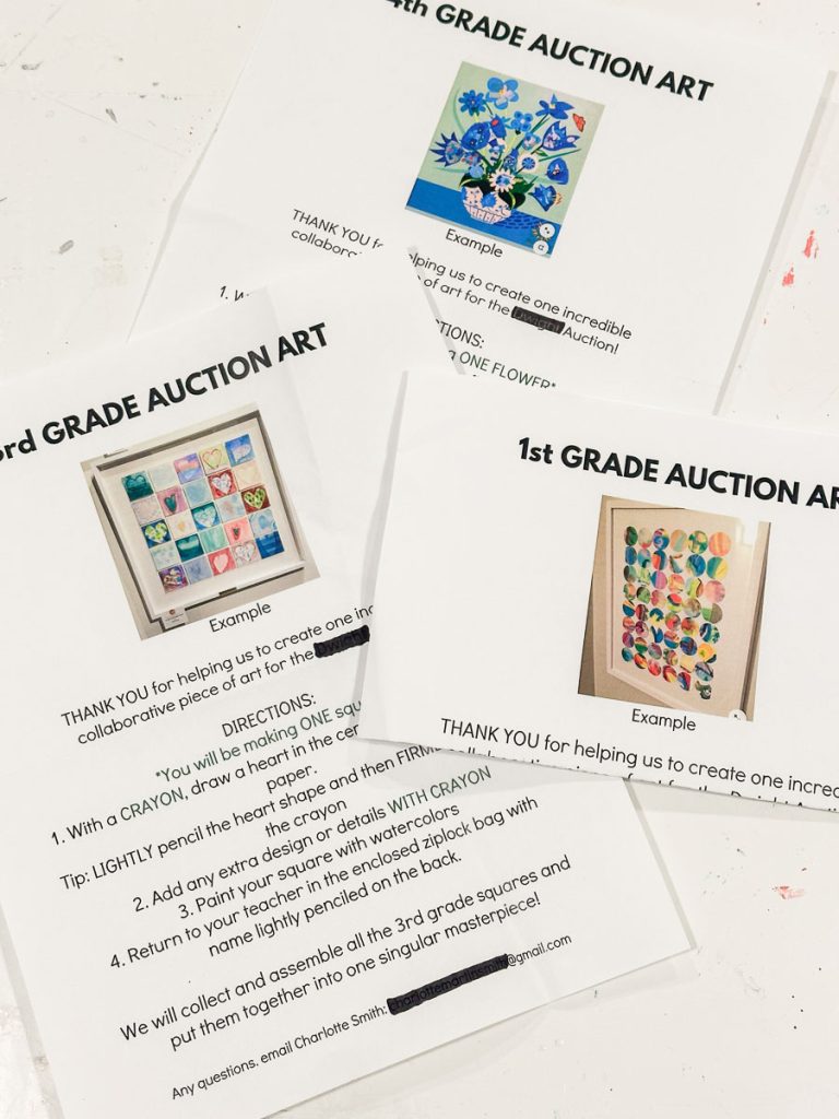 Flyers for "1st, 2nd, and 4th Grade Auction Art" projects with images of artwork. Instructions include coloring, returning forms, and contact info for Charlotte Smith. Each flyer thanks participants for contributing to collaborative art pieces.