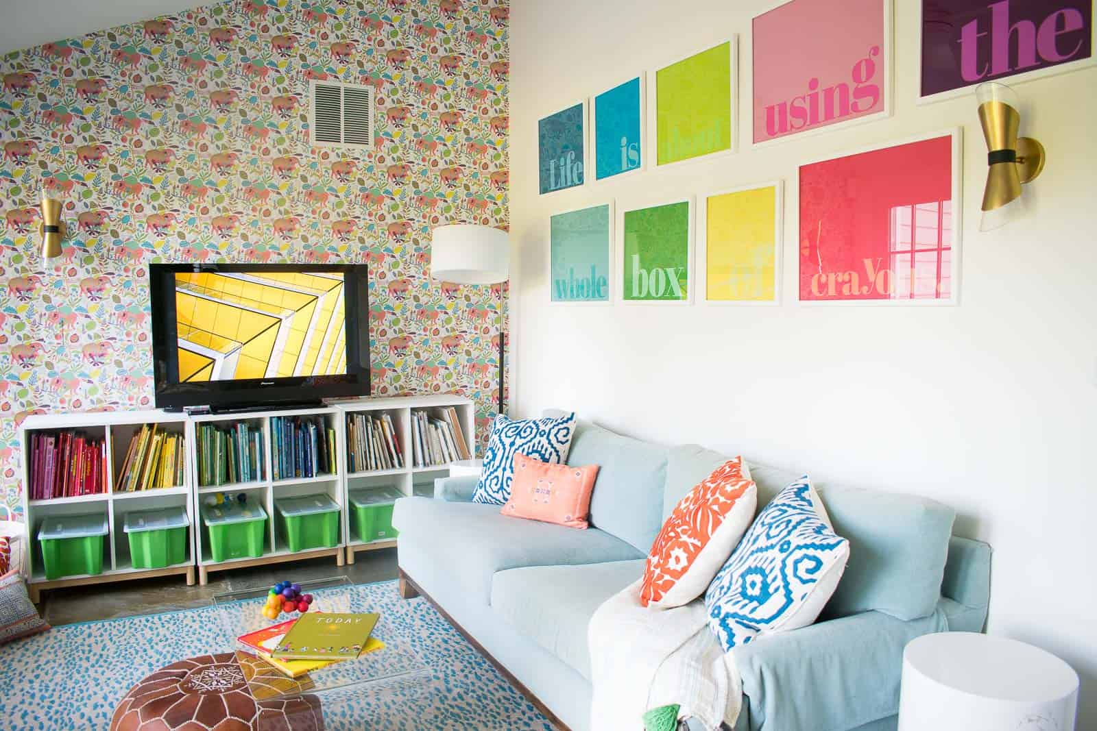 colorful playroom gallery wall