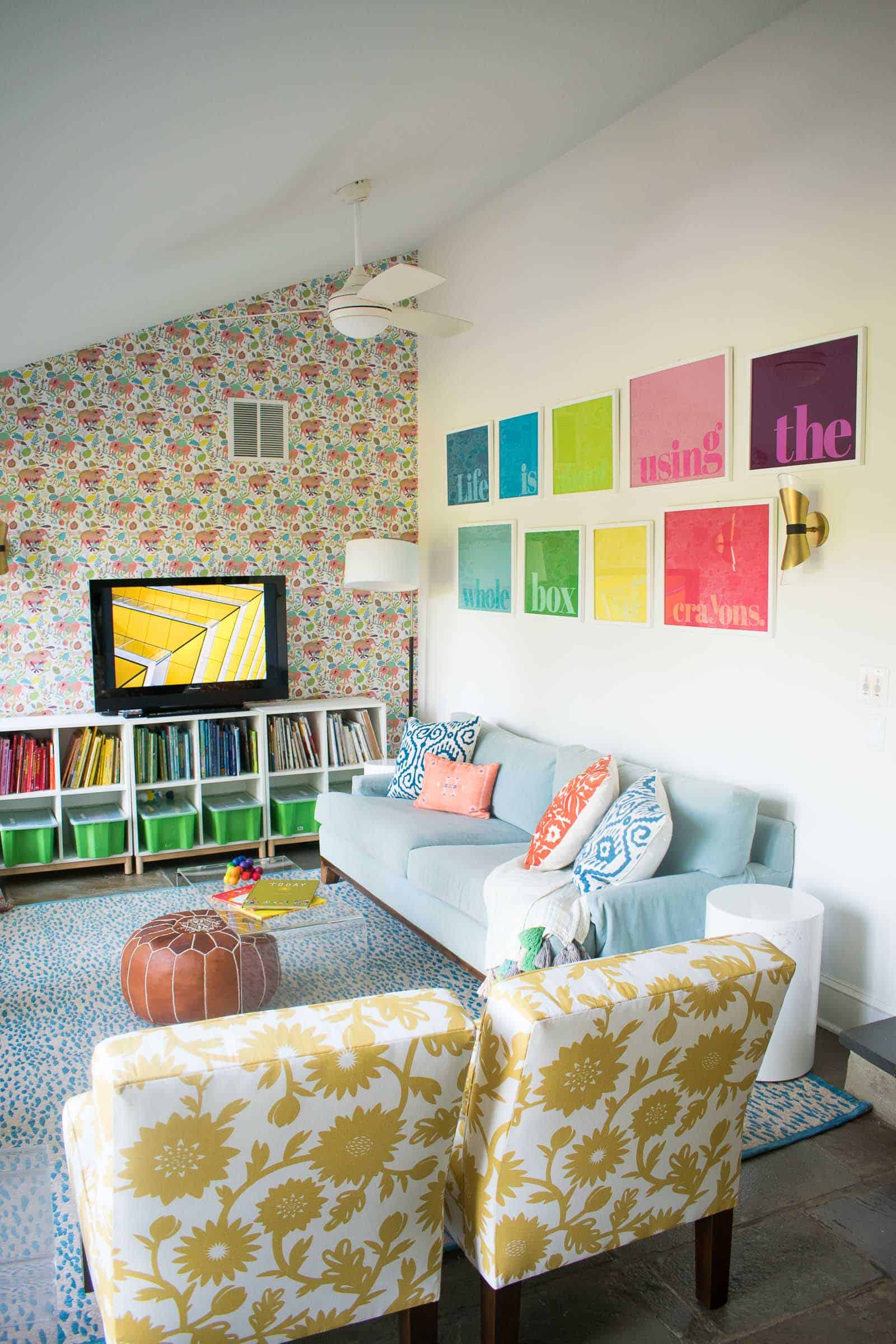 colorful gallery wall in playroom