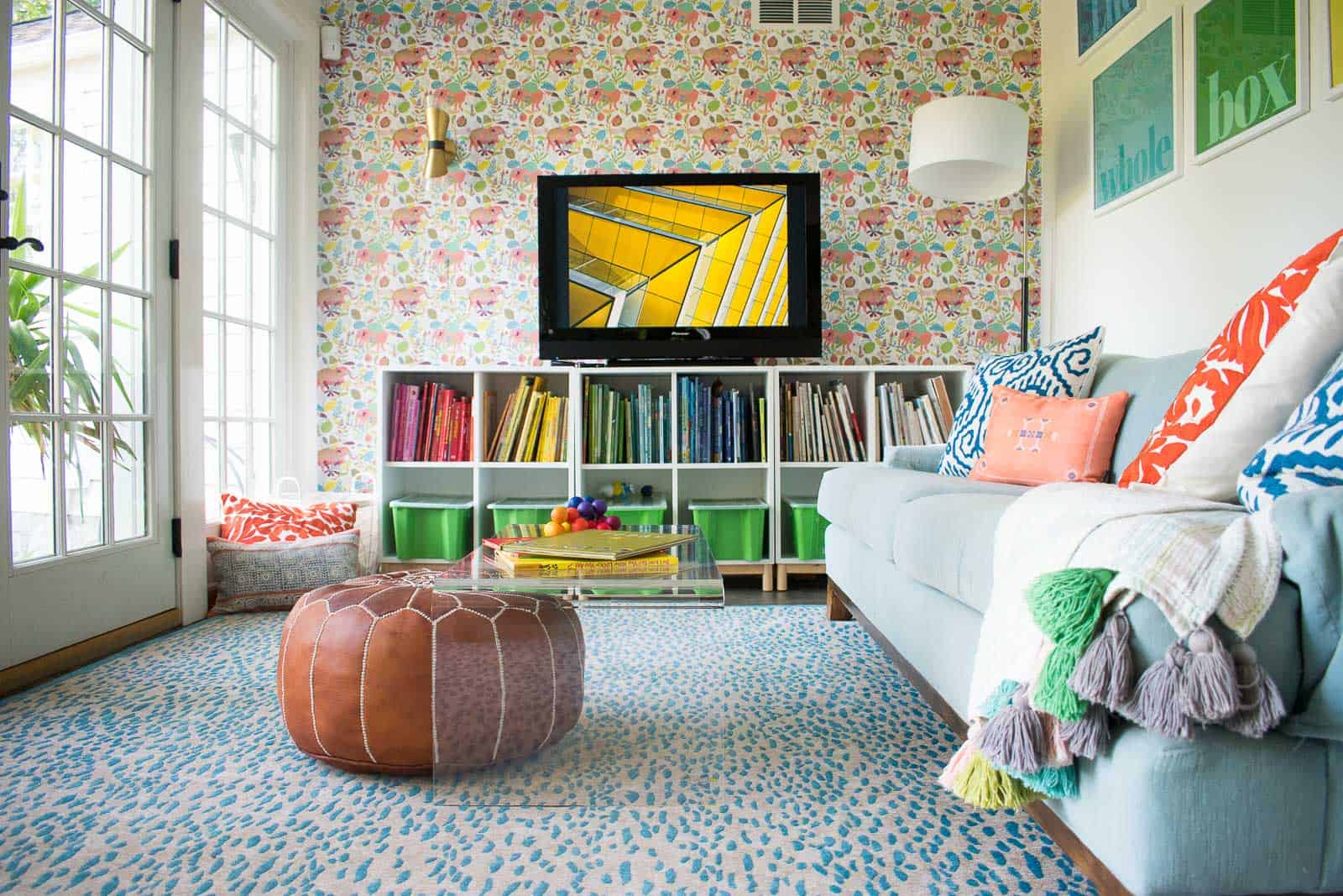 playroom with blue rug