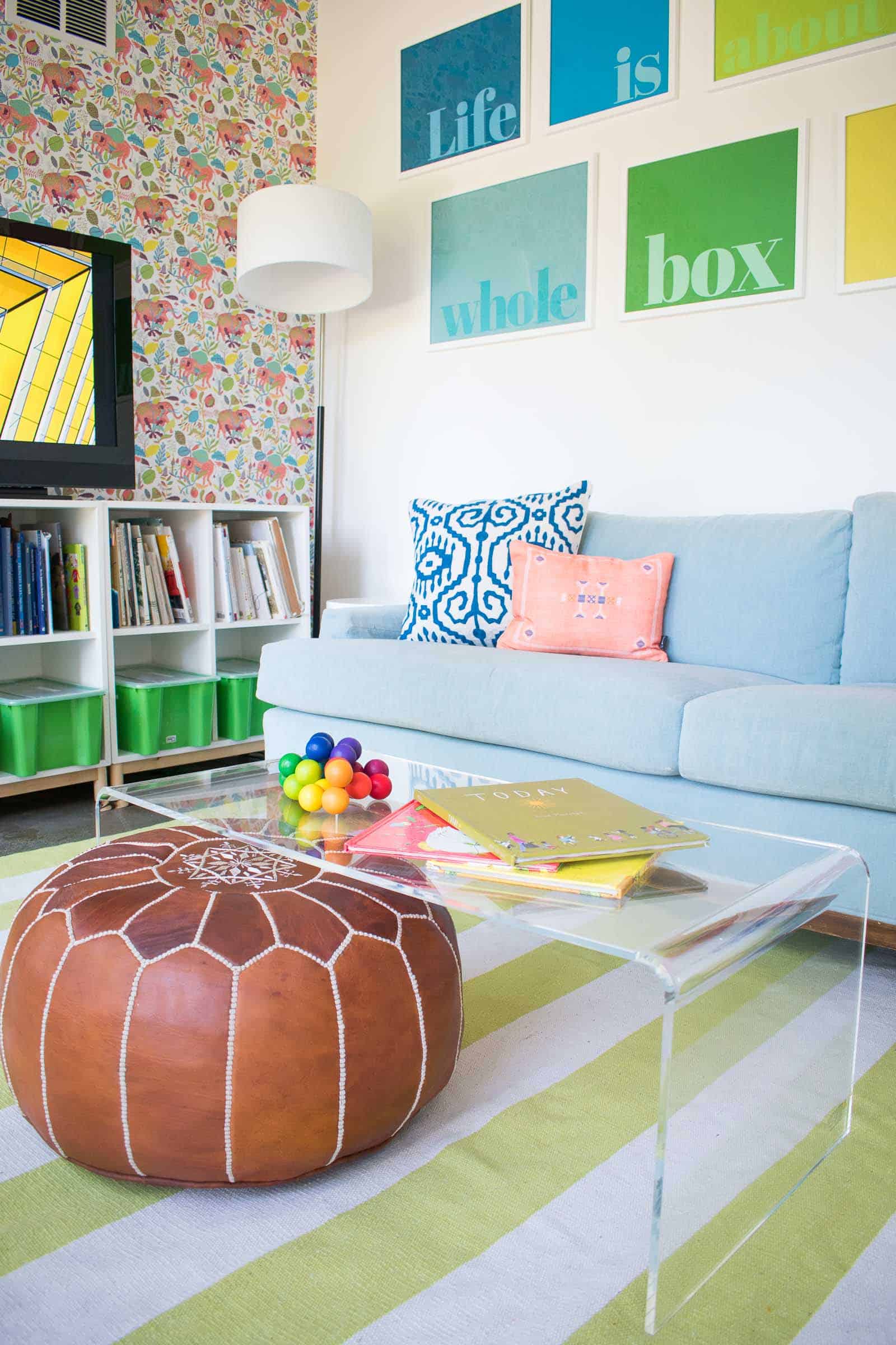 clear coffee table in playroom
