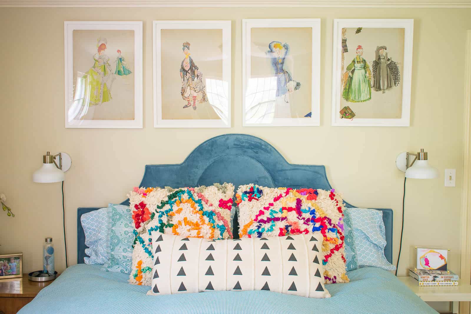 black and white pillow on master bed