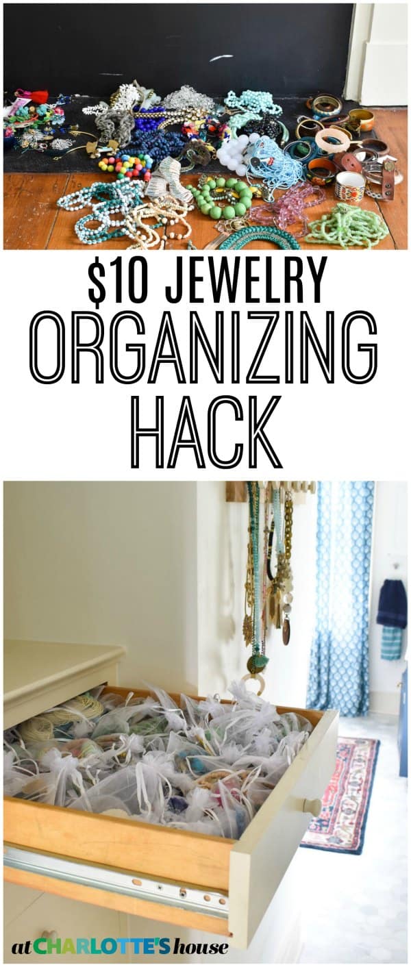 My budget solution for storing my tangled drawer of beads and earrings.