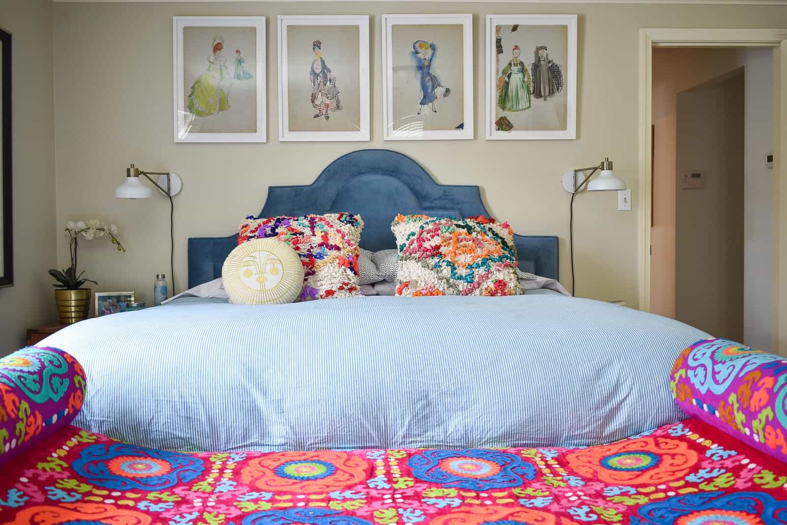 blue duvet against blue headboard