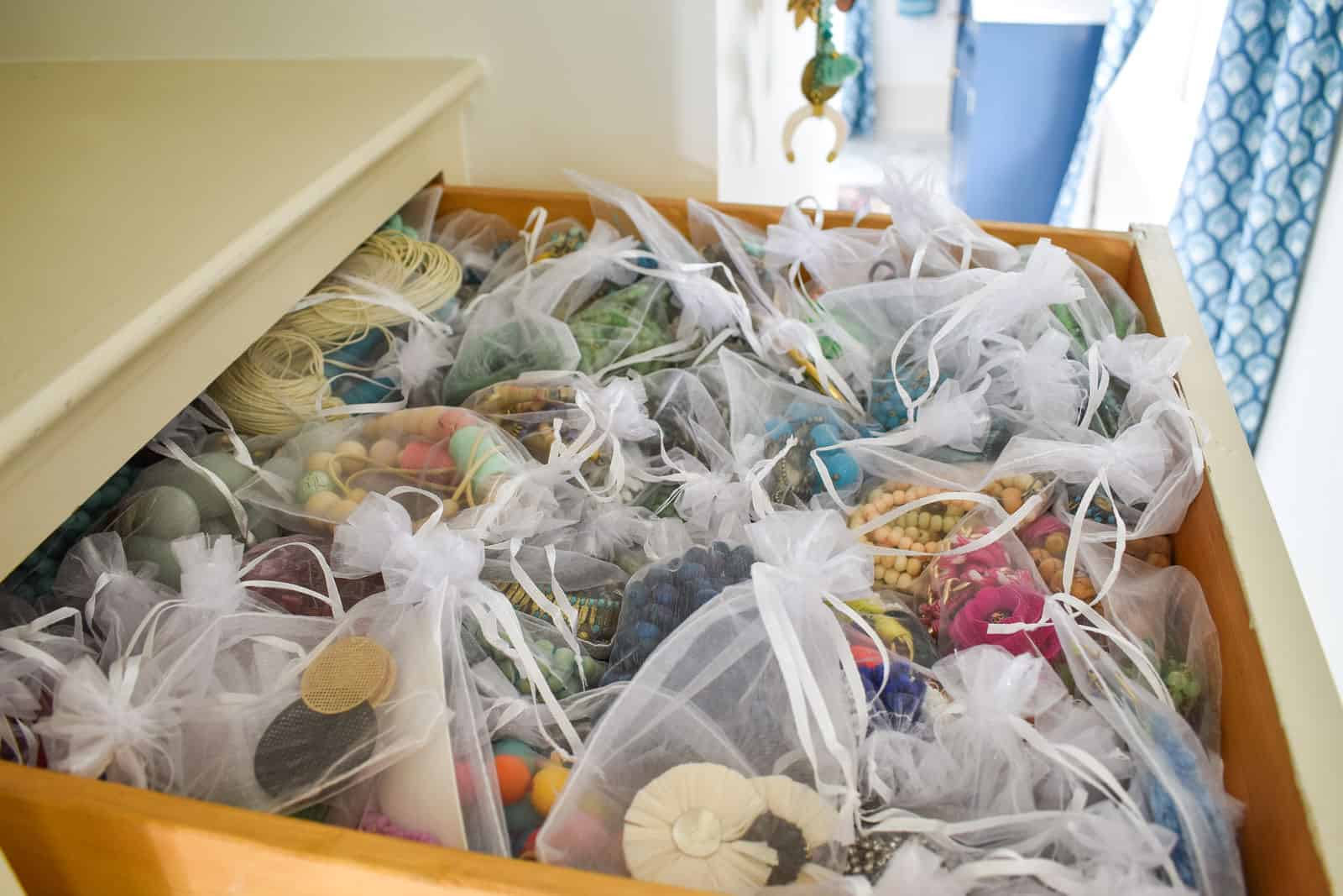 close up of bags organized in drawer