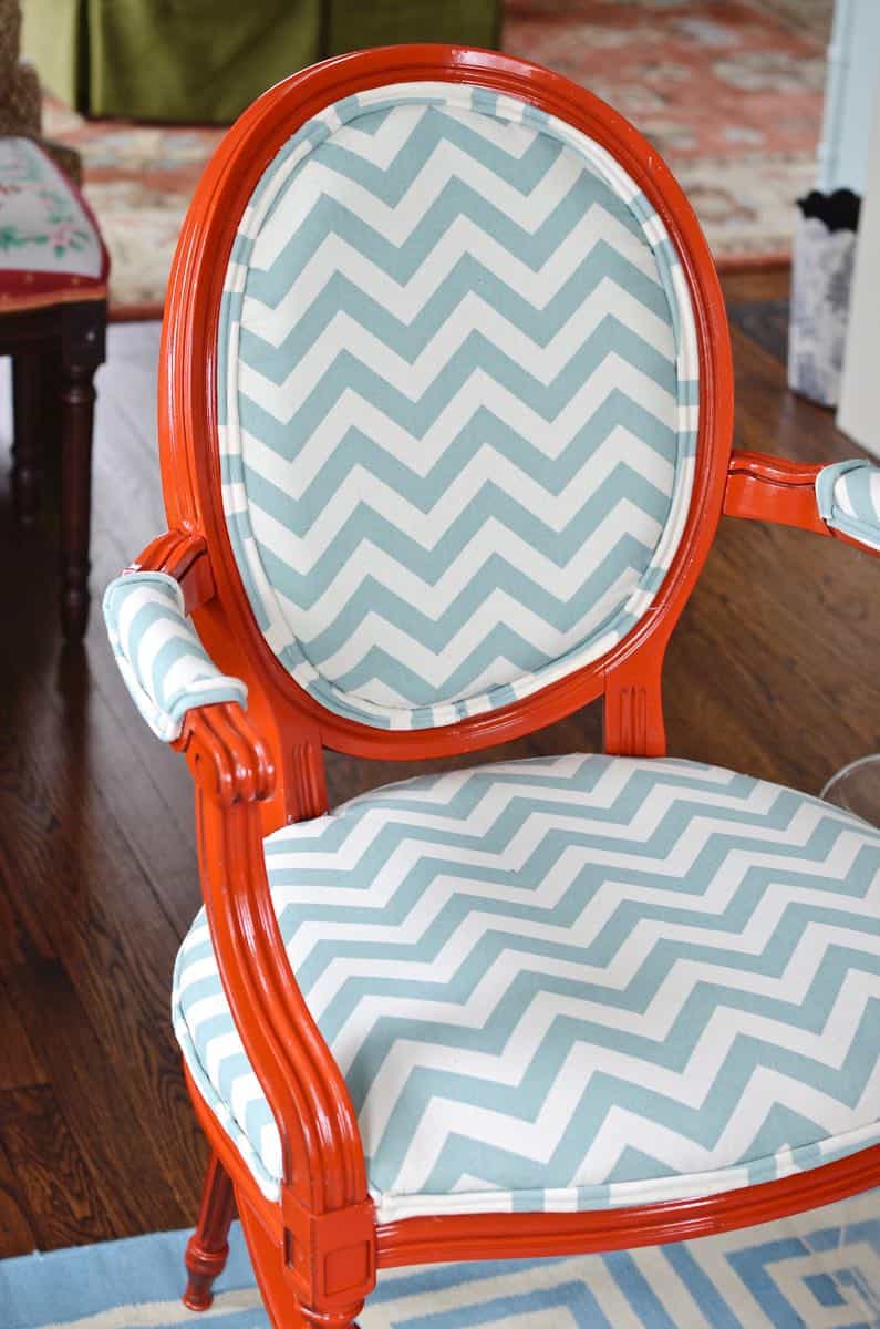 how to reupholster old armchairs with colorful new fabric.
