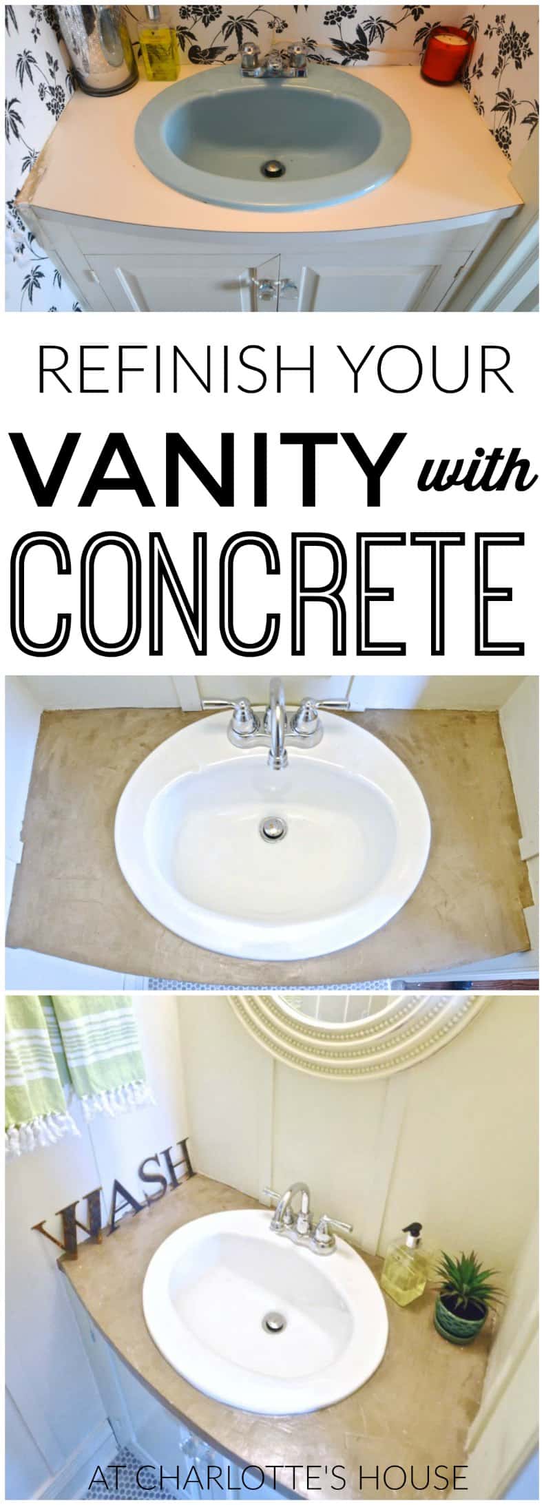 How to transform and old vanity top with concrete for a budget bathroom makeover.