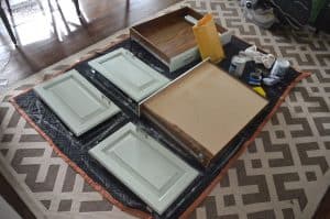 Thrifted kitchen cabinet is put to use as a functional new kitchen island.
