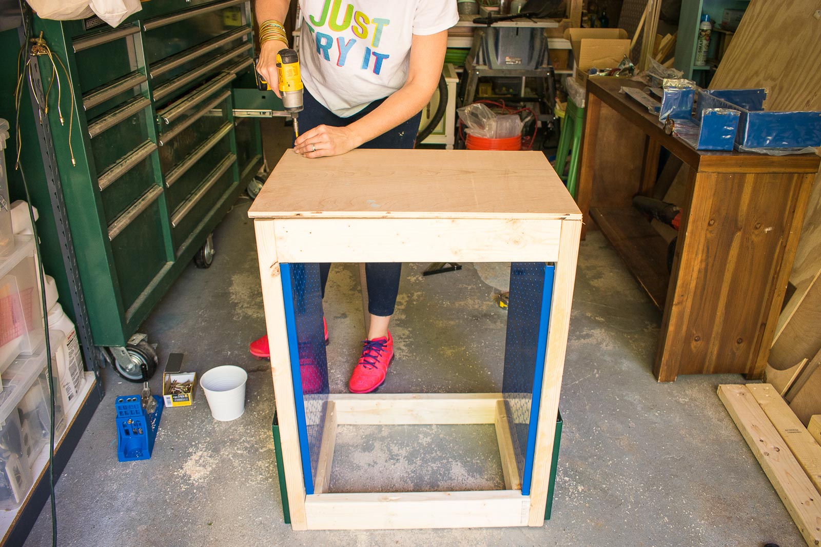 attach plywood to the top of the cart