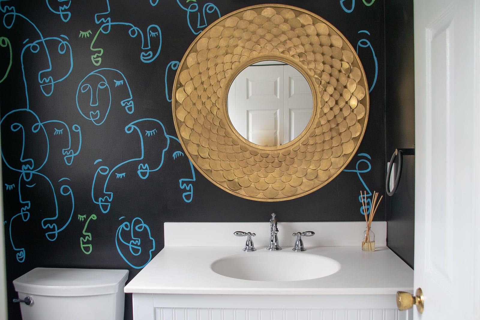 powder room makeover adhesive tiles